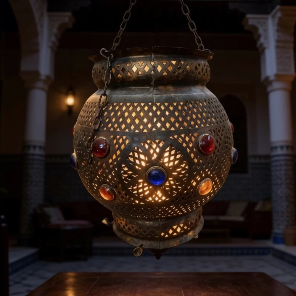 Vintage moroccan Metal Lantern with Red, Blue, and Orange Accents